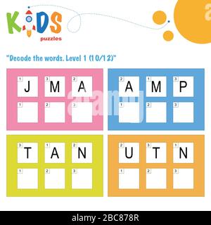 Décoder les mots à 3 lettres. Pratique sur les feuilles de travail pour les enfants d'âge préscolaire, élémentaire et intermédiaire. Fiche d'activité du puzzle logique amusant. Illustration de Vecteur