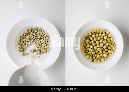 Tremper les graines de pois verts dans de l'eau chaude dans le bol pour fixer le processus de germination lors de la plantation dans le jardin. Avant de vous imprégner à gauche après une nuit, trempez-vous sur ri Banque D'Images