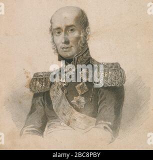 Gravure ancienne, Michael Andreas Barclay de Tolly. Le prince Michael Andreas Barclay de Tolly (1761-1818) était un maréchal allemand de la Baltique et ministre de la guerre de l'Empire russe pendant l'invasion de Napoléon en 1812 et la guerre de la Sixième coalition. SOURCE: GRAVURE ORIGINALE Banque D'Images