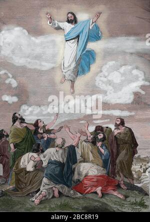 L'Ascension de Jésus. Gravure. Sainte Bible, XIXe siècle. Banque D'Images