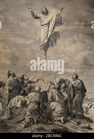 L'Ascension de Jésus. Gravure. Sainte Bible, XIXe siècle. Banque D'Images