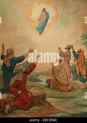 L'Ascension de Jésus. Lithographie, Sainte Bible, XIXe siècle. Banque D'Images