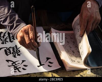 Une main calligraphe écrivant la calligraphie chinoise Banque D'Images