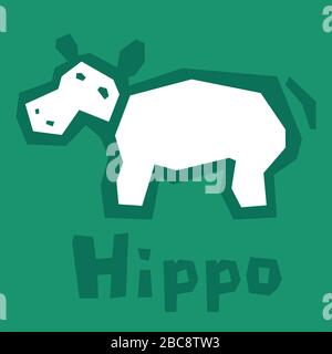 Bande dessinée bébé hippo. Joli caractère animal sur vert. Illustration vectorielle animal à motif plat. Carte interactive pour apprendre l'alphabet. Blanc Illustration de Vecteur
