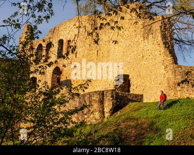 Randonnée sur le deuxième sentier de la vallée, ambiance printanière aux ruines du château de Kastelburg à Waldkirch Banque D'Images