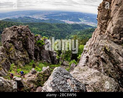 Randonnée sur la Zweilersteig, chemin étroit sur les Kandelfels sur le chemin du sommet de Kandel Banque D'Images