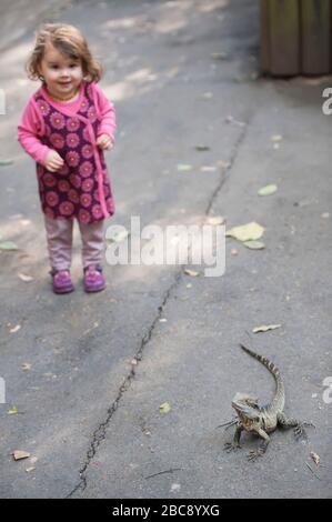 Jeune fille regardant un dragon australien de l'est de l'eau (Physignathus lesueurii), Lone Pine Koala Sanctuary, Brisbane, Queensland, Australie Banque D'Images