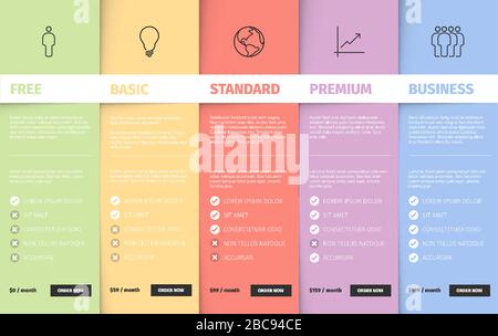 Produits service fonction comparer liste modèle de table avec diverses options, description, caractéristiques et prix - version couleur pastel Illustration de Vecteur