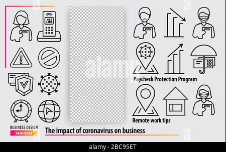 Icônes noires de ligne. Soutien aux entreprises pendant l'épidémie de coronavirus. Conseils de travail à distance. Programme de protection des chèques de paie Illustration de Vecteur
