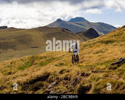 VTT sur le sentier simple GR 400 sur un sentier de randonnée en montagne étroit au-dessus de hauts pâturages près du pas Rouge, avec Suc de la Blatte, Puy de la to Banque D'Images