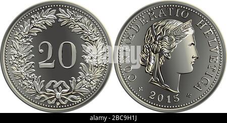 20 centimes de monnaie franc suisse, 20 en couronne de gentiane en marche arrière, chef de la liberté et CONFOEDERATIO HELVETICA sur obverse, pièce officielle en Suisse Illustration de Vecteur