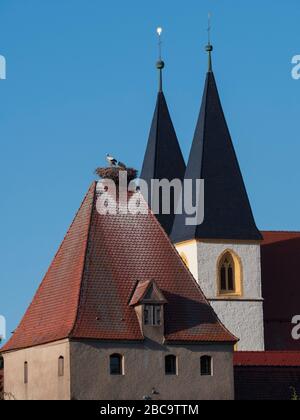 La vieille ville de Herrieden, la tour des cigognes et la collégiale St Vitus, la cigole avec des cigognes, la moyenne-Franconie, la Franconie, la Bavière, l'Allemagne Banque D'Images