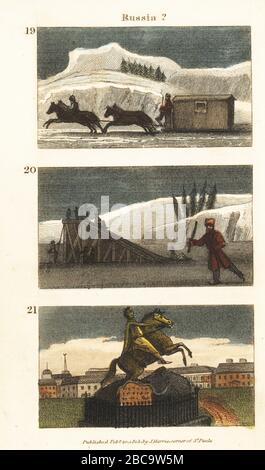 Vues historiques de la Russie. L'empereur de Russie voyageant dans une maison de traîneau à cheval 19, des enfants jouant sur les collines de glace ou les montagnes russes 20, et statue équestre de Pierre le Grand 21. Gravure en copperplate de couleur à la main des scènes du Rév. Isaac Taylor en Europe, pour le divertissement et l'instruction des voyageurs de Little tarry-at-Home, John Harris, Londres, 1819. Banque D'Images