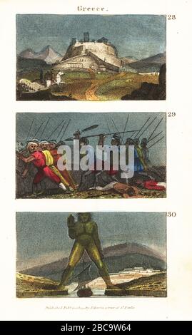 Vues historiques de la Grèce. Vue sur la ville d'Athènes au début du XIXe siècle 28, 300 Spartans combattent les Perses à la bataille de Thermopylae 29, et le Colossus de Rhodes 30. Gravure en copperplate de couleur à la main des scènes du Rév. Isaac Taylor en Europe, pour le divertissement et l'instruction des voyageurs de Little tarry-at-Home, John Harris, Londres, 1819. Banque D'Images