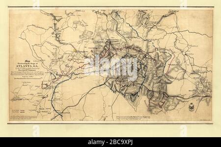 Carte illustrant le siège d'Atlanta, Géorgie par les forces américaines, sous le commandement du général de division W.T. Sherman du passage de Peach Tree Creek, 19 juillet 1864 au commencement du mouvement sur les lignes de communication ennemies au sud d'Atlanta, 26 août 1864 Banque D'Images