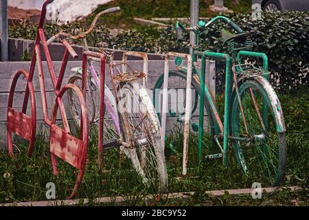 Vieux vélos Rusty Vintage empilés contre un mur près de plantes vertes Banque D'Images