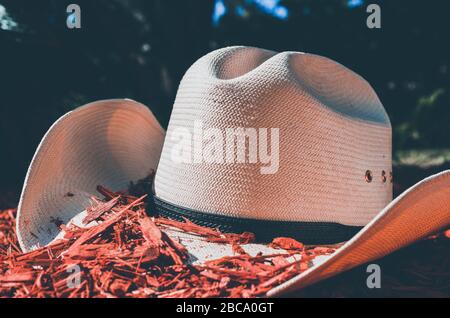 Chapeau de cowboy blanc allongé dans la chaleur de Flordia, avec paillis allongé sur elle et autour. Banque D'Images