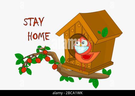 Oiseau avec masque et birdhouse. Campagne de protection ou mesure de prévention du coronavirus. Restez maison citation texte.Corona virus campagne pour rester à la maison.Vector Illustration de Vecteur