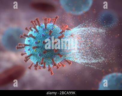 Éradication du coronavirus covid-19, illustration conceptuelle. Le nouveau coronavirus SRAS-CoV-2 (auparavant 2019-CoV) a vu le jour à Wuhan, en Chine, en décembre 2019. Le virus cause une maladie respiratoire légère (Covid-19) qui peut se développer en pneumonie et être mortelle dans certains cas. Les coronavirus prennent leur nom de leur couronne (couronne) de protéines de pointe de surface (grandes protusions), qui sont utilisées pour attacher et pénétrer leurs cellules hôtes. Banque D'Images