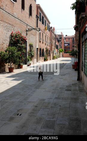 Un enfant joue dans une rue du quartier de Dorsoduro à Venise Banque D'Images