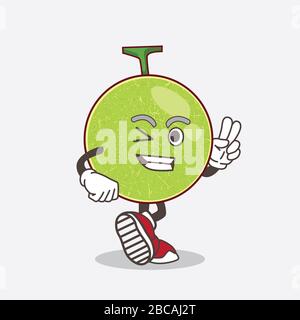 Une illustration du personnage de mascotte de dessin animé de Cantaloup Melon avec deux doigts Banque D'Images