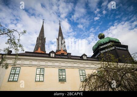 Suède, Suède centrale, Uppsala, cathédrale Domkyrka, spires Banque D'Images