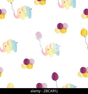 motif sans couture avec éléphants arc-en-ciel et ballons violets vectoriels