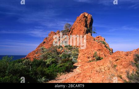 Les roches rouges de la Corniche d'or Esterel France Provence Banque D'Images