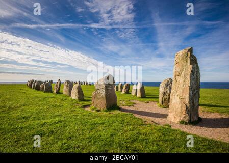 Suède, Sud de la Suède, Kaseberga, Ales Stenar, Ale's Stones, site rituel des premiers peuples, 600 AD Banque D'Images