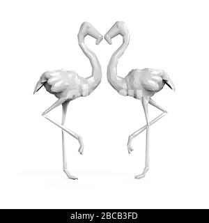 rendu tridimensionnel des flamants polygonaux à motif blanc sur fond blanc Banque D'Images