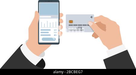 Homme d'affaires tenant un smartphone avec une application mobile de banque en ligne et une carte de crédit. Illustration du processus de paiement d'achat et du vecteur de solde de compte bancaire Illustration de Vecteur