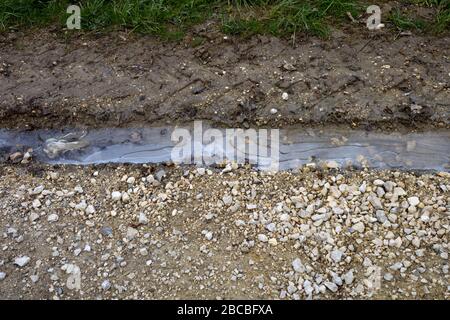 scène rurale avec une flaque d'eau gelée entre des pistes de voiture dans un sol humide et des pierres de bardeaux, flaque sur la route de terre en fin d'hiver Banque D'Images