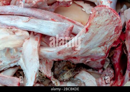 Os frais de vache et de porc crus avec sang et restes de viande et de peau. Déchets du commerce de la viande Banque D'Images