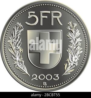 Revers de 5 pièces d'argent en francs suisses avec armoiries fédérales, 5 FR, année, branches d'edelweiss et gentian, pièce officielle en Suisse Illustration de Vecteur