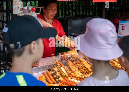 Chongqing, Chine - août 2019 : une chinoise qui vend des viandes et des collations de fruits de mer frits et grillés sur des bâtons de bois dans la rue Banque D'Images