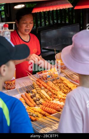 Chongqing, Chine - août 2019 : une chinoise qui vend des viandes et des collations de fruits de mer frits et grillés sur des bâtons de bois dans la rue Banque D'Images