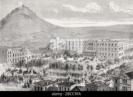 Fin de la monarchie constitutionnelle, ancien palais royal, Parlement hellénique, place Syntagma, Athènes, 1862, Banque D'Images