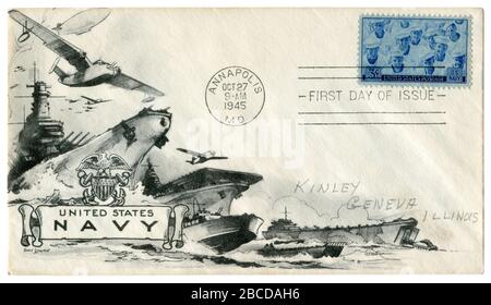 Annapolis, Maryland, États-Unis, 27 octobre 1945: Enveloppe historique DES ÉTATS-UNIS: Couverture avec un cachet patriotique marine des États-Unis. La puissance américaine dans le Pacifique Banque D'Images