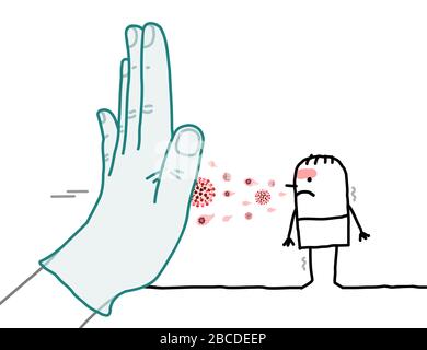 Homme de bande dessinée infecté par le virus et les grosses mains bloquant les germes Illustration de Vecteur