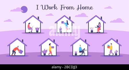Je travaille à domicile, les gens font divers travaux pendant l'auto-quarantaine. Illustration des activités en auto-quarantaine. Distanciation sociale Illustration de Vecteur