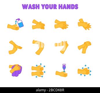 Jeu d'icônes de lavage des mains pour infographie ou site Web. Lavage des mains étape par étape. Jeu simple d'icônes de ligne vectorielle liées à l'hygiène couleur Illustration de Vecteur