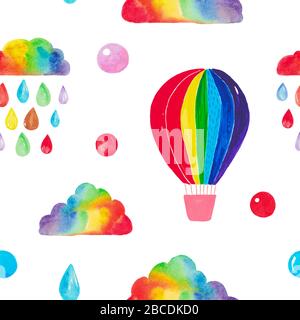 Motif sans couture illustration en aquarelle montgolfière nuages ballon. Modèle de vacances pour enfants. Couleurs arc-en-ciel de la clipart peinte à la main. Design rétro Banque D'Images