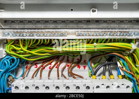 Bloc reliant les fils de mise à la terre vert-jaune avec les câbles connectés, installé dans le boîtier électrique. Banque D'Images