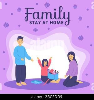 Coronavirus Covid-19, famille rester à la maison de sensibilisation et de prévention du coronavirus. Famille séjournant à la maison en quarantaine. Illustration de Vecteur
