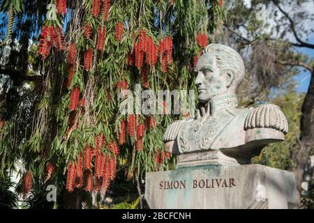 La Statue de Simon Bolivar à la municipalité de Jardim à l'avenida Arriaga dans le centre-ville de Funchal sur l'île de Madère du Portugal. Portugal Banque D'Images