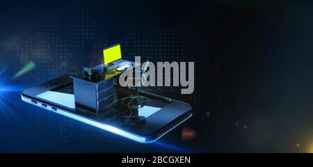 bureau moniteur fauteuil de clavier et souris sur écran de smartphone dans la cyberspase numérique. Concept de bureau mobile, quarantaine en ligne externaliser le travail Banque D'Images