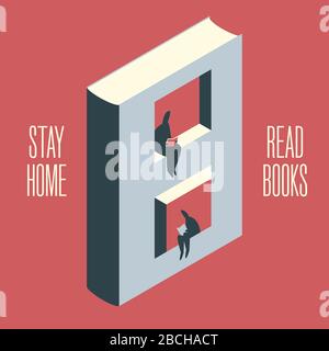 Les gens assis dans les fenêtres d'impossible maison faite de livre. Restez à la maison et lisez des slogans de livres. Campagne de sensibilisation sur les médias sociaux et coronavirus précédent Banque D'Images