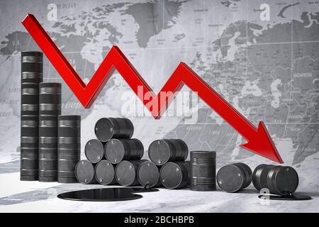 Crise du pétrole et de la poussière de pétrole. Barils de pétrole et graphique de chute sur le fond de la carte du monde. Concept de réduction du prix du pétrole ou de la production. illustration tridimensionnelle Banque D'Images