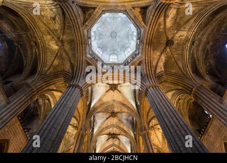 Vue intérieure sur les voûtes et le dôme côtelés à l'intérieur de Santa Maria del Mar à Barcelone, en Espagne Banque D'Images