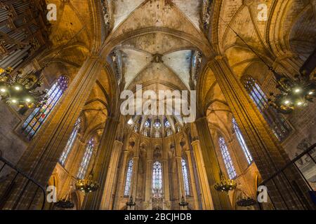 Vue intérieure sur les voûtes et le dôme côtelés à l'intérieur de Santa Maria del Mar à Barcelone, en Espagne Banque D'Images